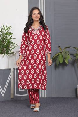 Red rayon printed and embroidery festive looks kurta set 1