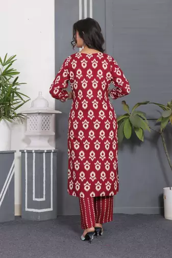 Red rayon printed and embroidery festive looks kurta set