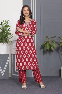 Red rayon printed and embroidery festive looks kurta set 4