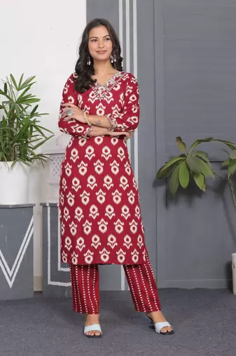 Red rayon printed and embroidery festive looks kurta set