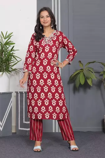 Red rayon printed and embroidery festive looks kurta set