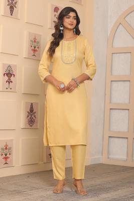 Yellow rayon embroidery festive looks kurta set 1