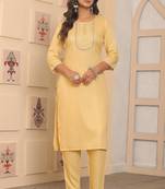 Yellow rayon fabric embroidery work festive looks kurta set