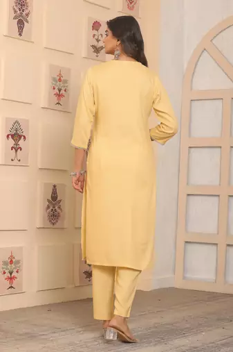 Yellow rayon embroidery festive looks kurta set