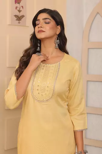 Yellow rayon embroidery festive looks kurta set