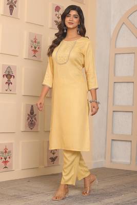 Yellow rayon embroidery festive looks kurta set 4