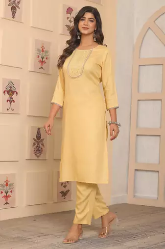 Yellow rayon embroidery festive looks kurta set