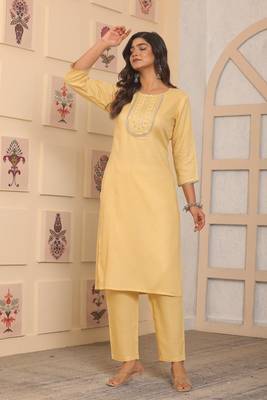 Yellow rayon embroidery festive looks kurta set 5