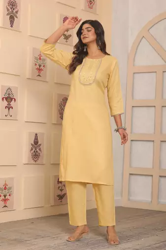 Yellow rayon embroidery festive looks kurta set