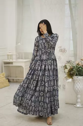 Multi georgette printed and embroidered partywear gown
