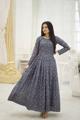 Multi georgette printed and embroidered partywear gown 1