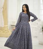 Multi georgette fabric designer printed and embroidered partywear gown