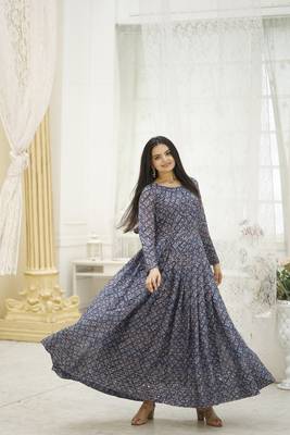 Multi georgette printed and embroidered partywear gown 4