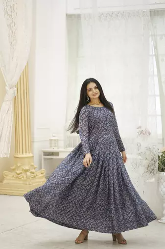Multi georgette printed and embroidered partywear gown