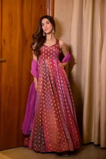 Glamorous bollywood style multy chinon partywear gown