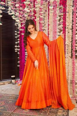 Glamorous bollywood style orange chinon partywear gown 1