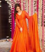 Glamorous bollywood style orange chinon fabric partywear gown