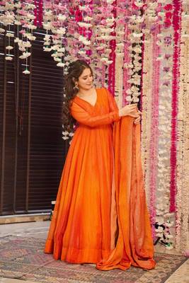 Glamorous bollywood style orange chinon partywear gown 3