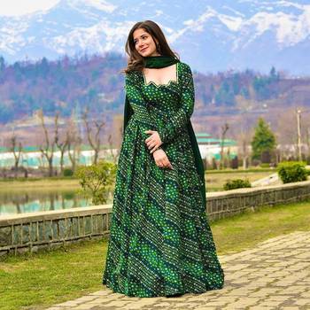 Glamorous bollywood style green rayon partywear gown 3