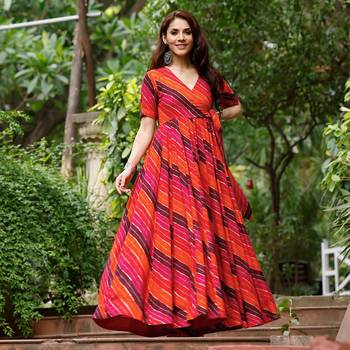 Glamorous bollywood style orange rayon partywear gown 3