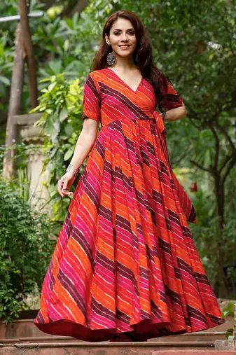 Glamorous bollywood style orange rayon partywear gown