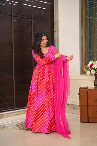 Glamorous bollywood style pink rayon partywear gown