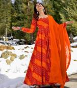 Glamorous bollywood style orange rayon fabric partywear gown