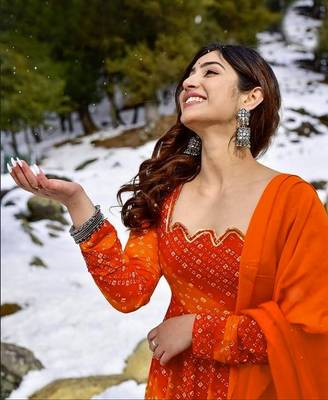 Glamorous bollywood style orange rayon partywear gown 2