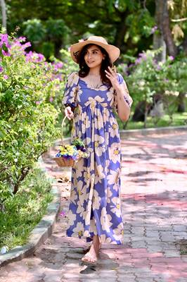 Blue color ceremonial partywear gown with designer print 1
