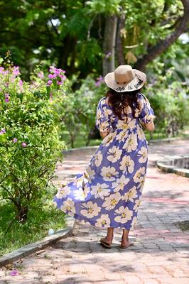 Blue color ceremonial partywear gown with designer print 2