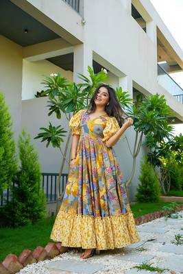 Mustard color ceremonial partywear gown with designer print 1