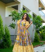 Mustard color ceremonial partywear gown with designer print