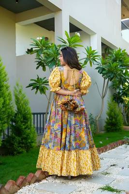 Mustard color ceremonial partywear gown with designer print 2