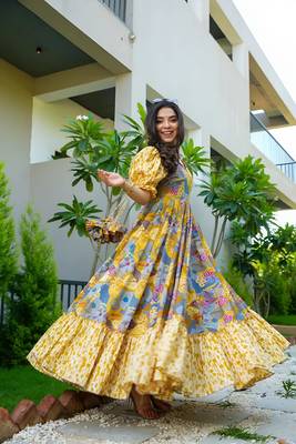 Mustard color ceremonial partywear gown with designer print 3