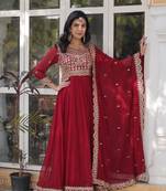Maroon faux georgette partywear gown with dupatta for ceremonial looks
