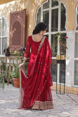 Maroon faux georgette partywear gown with dupatta for ceremonial looks 3