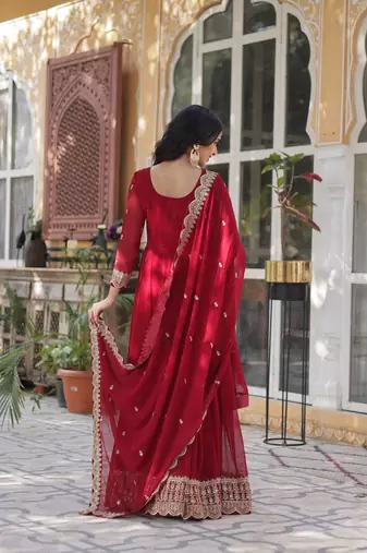 Maroon faux georgette partywear gown with dupatta for ceremonial looks