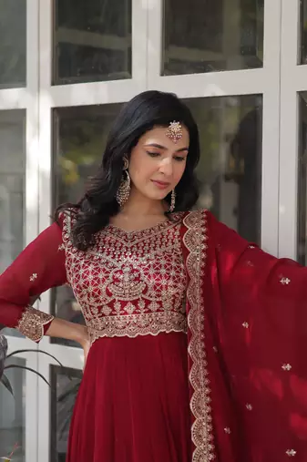 Maroon faux georgette partywear gown with dupatta for ceremonial looks