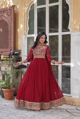 Maroon faux georgette partywear gown with dupatta for ceremonial looks 6