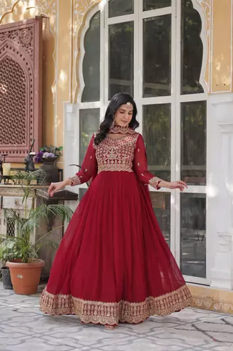 Maroon faux georgette partywear gown with dupatta for ceremonial looks