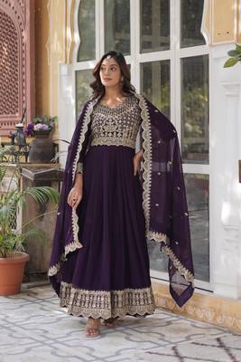Wine faux georgette partywear gown with dupatta for ceremonial looks 1