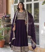 Wine faux georgette partywear gown with dupatta for ceremonial looks