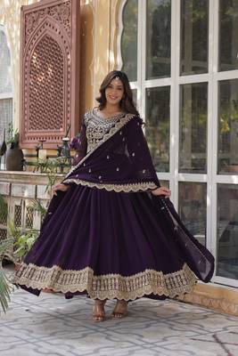 Wine faux georgette partywear gown with dupatta for ceremonial looks 3