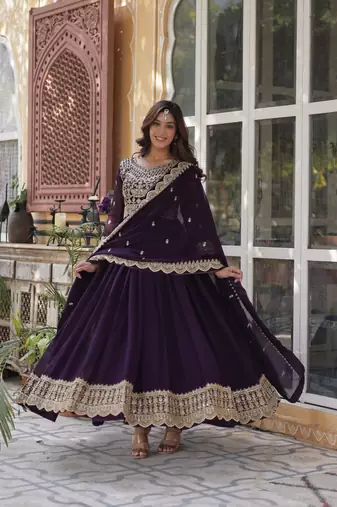 Wine faux georgette partywear gown with dupatta for ceremonial looks