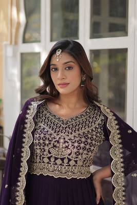 Wine faux georgette partywear gown with dupatta for ceremonial looks 4