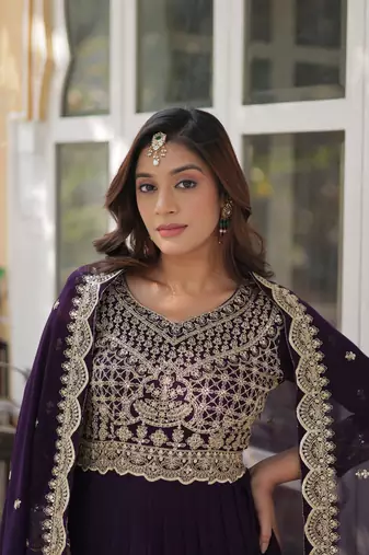 Wine faux georgette partywear gown with dupatta for ceremonial looks