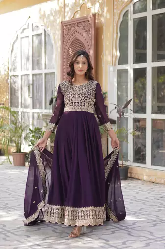 Wine faux georgette partywear gown with dupatta for ceremonial looks