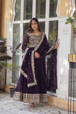 Wine faux georgette partywear gown with dupatta for ceremonial looks 6