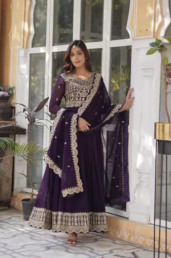 Wine faux georgette partywear gown with dupatta for ceremonial looks