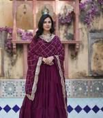 Star georgette fabric wine zari and sequins work partywear gown with dupatta
